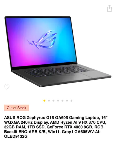 ASUS ROG Zephyrus G16 GA605 — 16 Gaming Laptop, Ryzen 9, RTX 4060, 32GB RAM, 1TB SSD