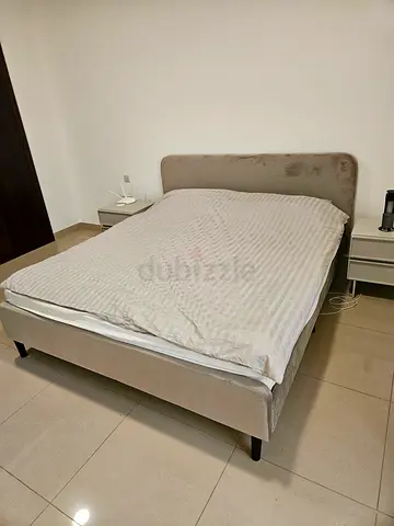 Grey upholstered queen bed with headboard 180 x 200cm - good condition