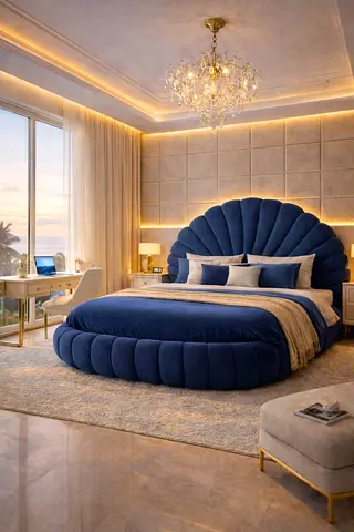 Luxury Navy Velvet Round Bed with Shell Headboard