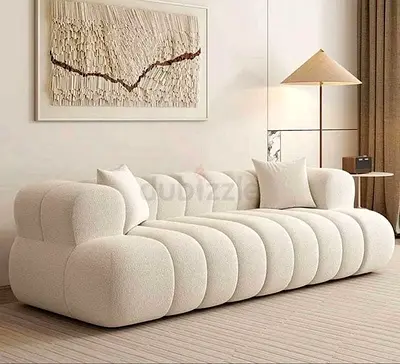 Modern Curved Beige 3-Seater Sofa - Bouclé Upholstery