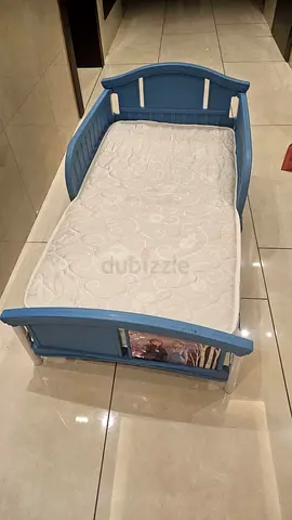 Blue Wooden Toddler Bed with Mattress (Disney Frozen sticker) - Good Condition