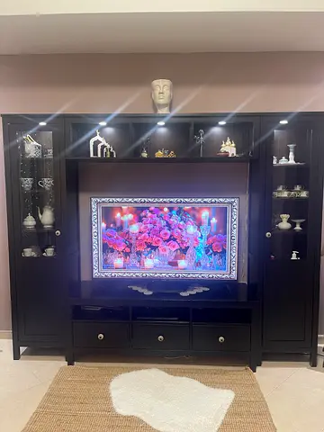 Large Black Wooden Entertainment Center with Display Cabinets
