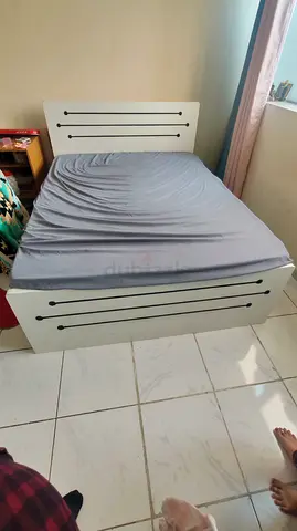 White Wooden Double Bed with Mattress - Good Condition