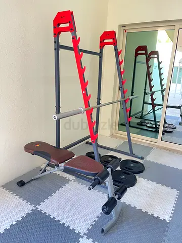 Adjustable Home Squat Rack with Bench and Weight Plates