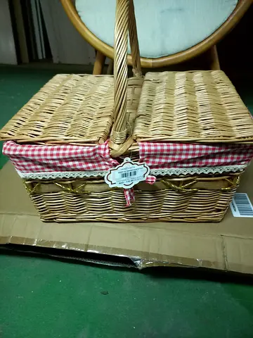 New Wicker Picnic Basket with Red Check Lining and Handle