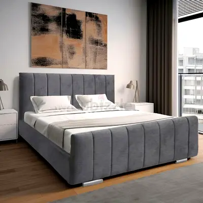 Grey Upholstered Double Bed with Padded Headboard and Footboard