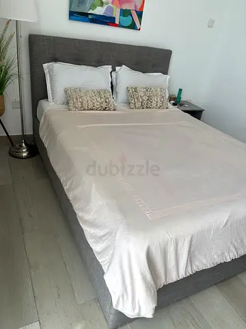 Queen size upholstered bed frame with headboard and MATTRESS - Grey and Side table