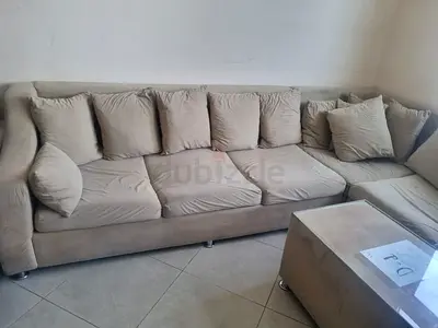 Heavy Duty Light Beige L-Shaped Fabric Sofa with Coffee Table — Comfortable, Good Condition