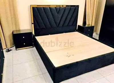 Brand New Queen Bed Frame with Two Matching Nightstands - Black Velvet  Gold Trim