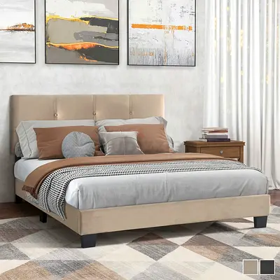 Beige Upholstered Double Bed with Best Quality