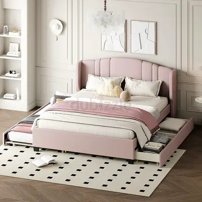 Pink Upholstered Double Bed with Storage Drawers