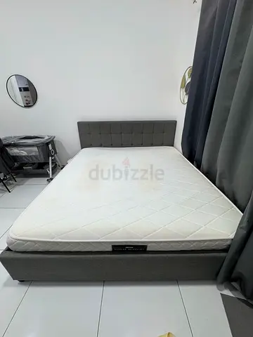 King Size Fabric Bed Frame with Mattress - Grey, Good Condition