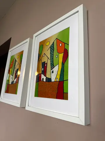 Pair of Framed Oil Paint weaving embroidery- Colorful Village Scene