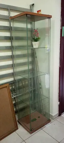 Glass Display Cabinet with Wooden Top and Base - Tall Shelving Unit