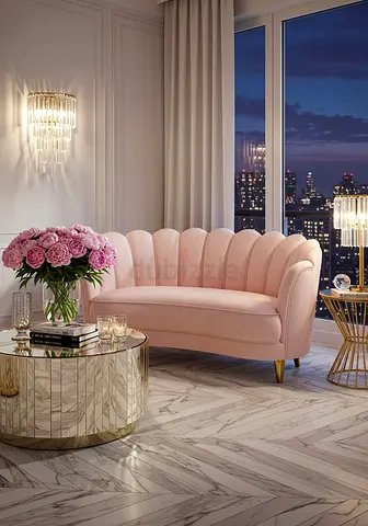 Blush Pink Curved Shell Sofa - 2-Seater Elegant Lounge