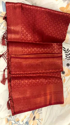 Red Silk Sari/Traditional Shawl with Gold Motif — Good Condition