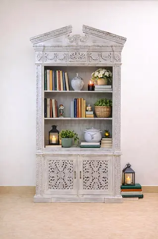 Hand- Carved Solid Wood Vintage Bookshelf With Storage Base