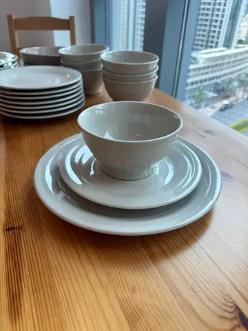 Set of white ceramic 8 bowls and 8 big plates and 8 small plates- good condition and 2 big bowls