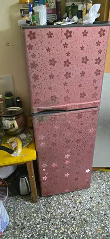 120 Ldouble-door refrigerator with floral cover — used, working condition