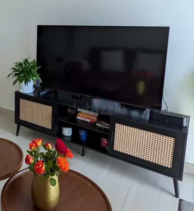 Black Mid-Century TV Console / Entertainment Unit with Rattan Doors