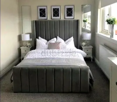 Grey Velvet Upholstered Double Bed with Headboard and Footboard