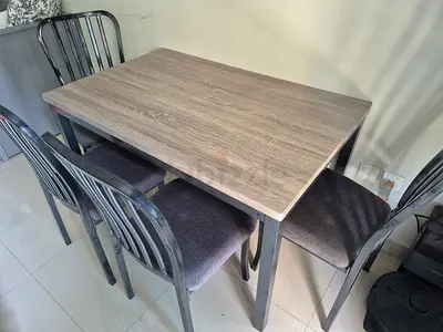 Compact 4-Seater Dining Table with Metal Chairs - Light Wood Finish