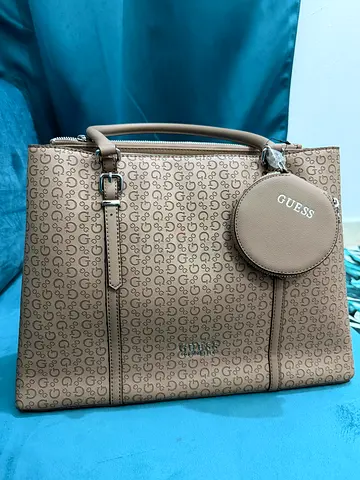 Beige Guess Monogram Tote Bag with Round Coin Pouch
