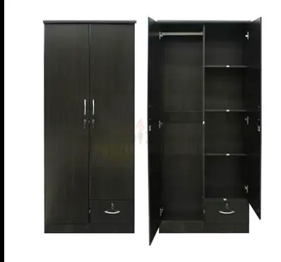 Brand New Two-door Wooden Wardrobe with Shelves and Hanging Rail (Dark Finish)