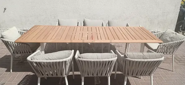 Outdoor teak dining table with 8 woven rope chairs set