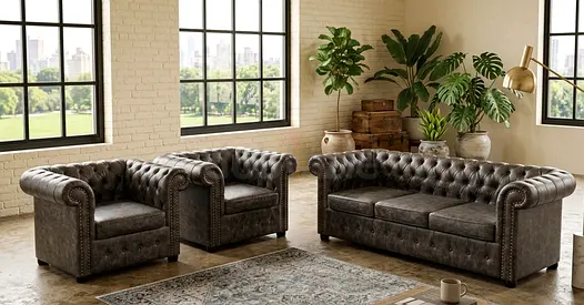Genuine leather Chesterfield sofa set - 3-seater + 2 armchairs, dark brown