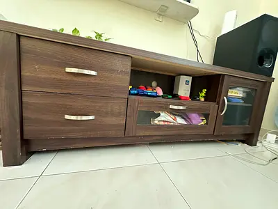 Low Wooden TV Cabinet with Drawers and Glass Doors