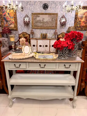Vintage- pottery barn Console Table with Shelves and Drawers