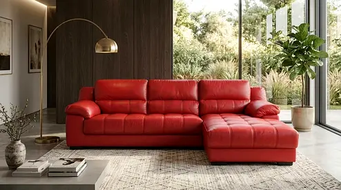 Red Leather L-Shaped Corner Sofa with Chaise Lounge