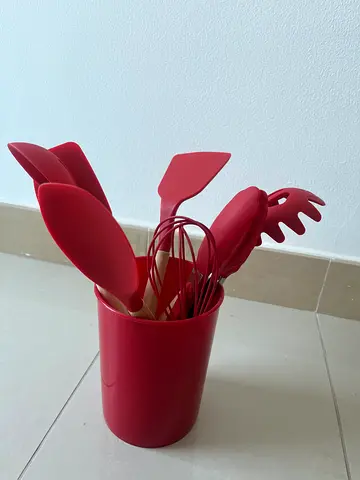 Set of 8 Red Silicone  Wood Kitchen Utensils - Used