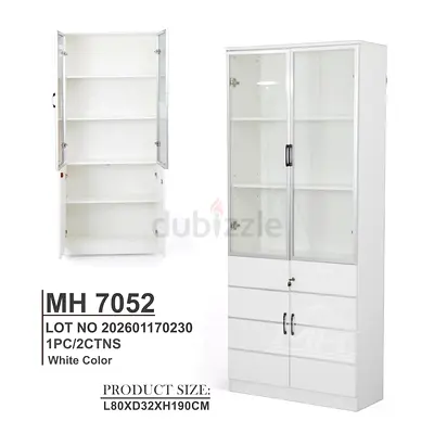 White Glass Display File Cabinet with Drawers - 80x32x190 cm