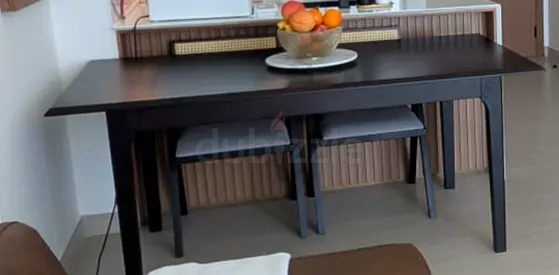 Solid Wood Dining Table with 6 Dining Chairs with Rattan back and grey cushion - Dark Finish