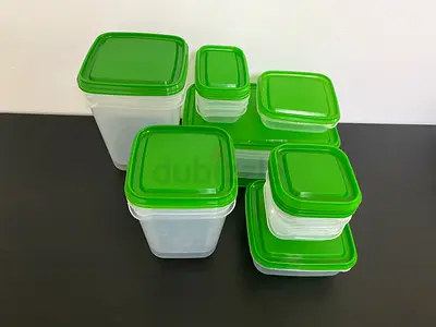 Set of 17 IKEA Plastic Food Storage Containers with Green Lids - Various Sizes