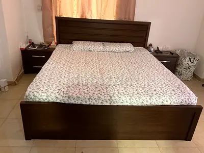 Solid Dark Wood King Bed with Matching Nightstands - Good Condition