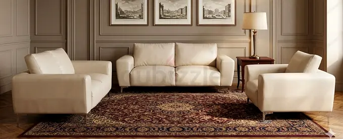 Beige Leather 3-Seater Sofa with Two Matching Armchairs — Good Condition