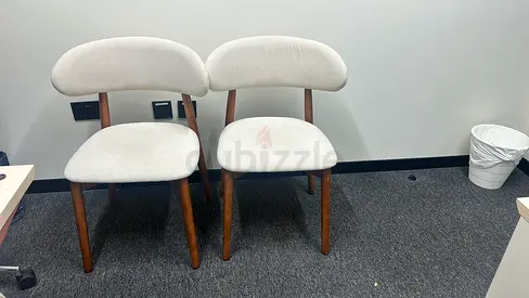 Pair of Mid-Century Style Dining Chairs - Light Fabric, Wooden Legs