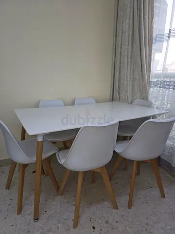 White Scandinavian Dining Table with 6 Chairs - Wooden Legs