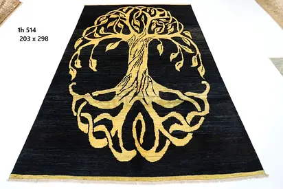 3x2m Afghan handmade wool carpet Large Black Rug with Gold Tree Motif - 203 x 298 cm