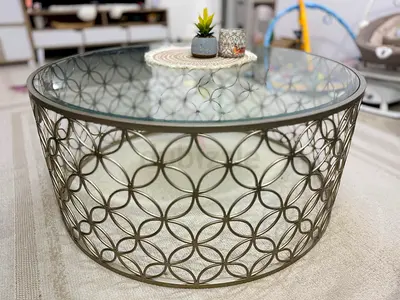 Round Glass Top Coffee Table with Decorative Metal Base