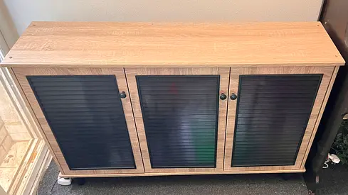 Wooden 3-Door Storage Cabinet with Black Slatted Panels