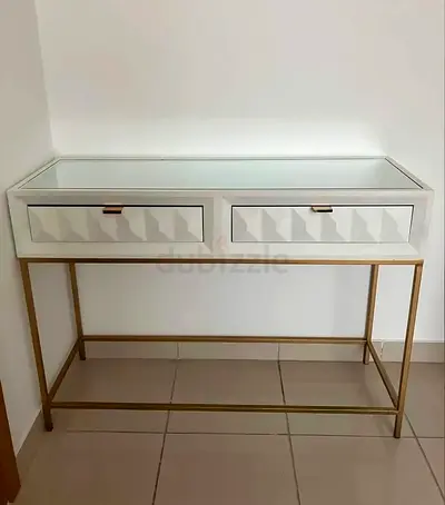 White Mirrored Console Table with Gold Frame and 2 Drawers