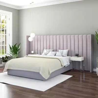 King Size Upholstered Bed with Tall Channel-Tufted Headboard - Light Grey
