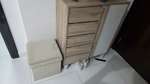 Small shoe cabinet with fabric storage ottoman - light wood finish