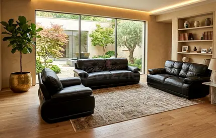Black Leather 3-Piece Sofa Set — Comfortable Modern Living Room Set