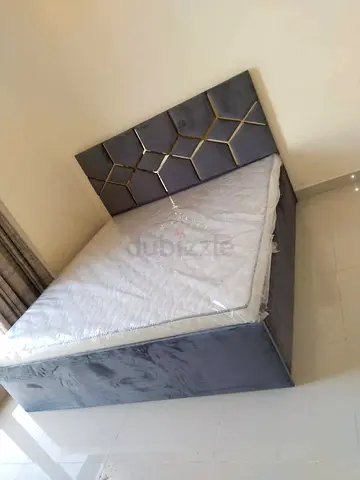 Grey Velvet King Bed with Geometric Headboard