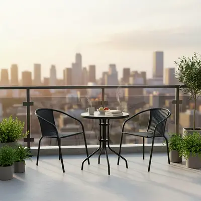 Outdoor bistro set – 2 chairs + round table, black metal, compact balcony set